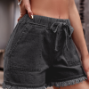 Women's Denim Shorts Frayed Raw Hem Ruffle Drawstring High Waist with Pockects