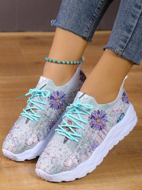 eb363dcaf46af17ed613042bf42957b1-1 Purple Daisy Printed Rhinestone Breathable Slip On Sneakers