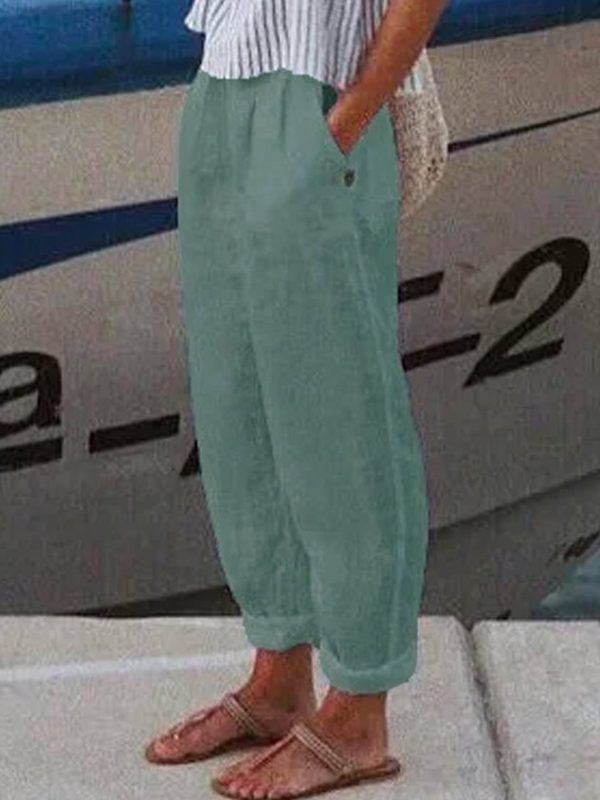 Women Casual Floral Loose Pockets Elastic Waist Pants Ankle Length Pants