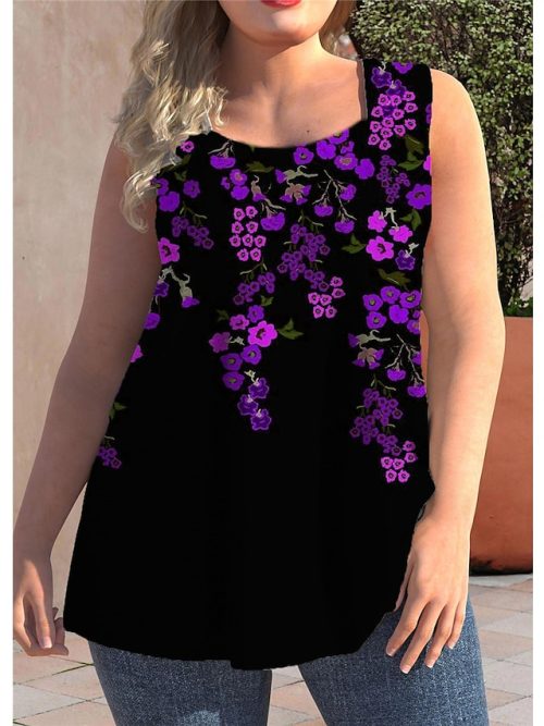 ewdyws1656482396480-1 Women's Plus Size Tops Tank Top Floral Print Sleeveless Strap Streetwear Preppy Daily Going out Polyester Spring Summer Green Blue