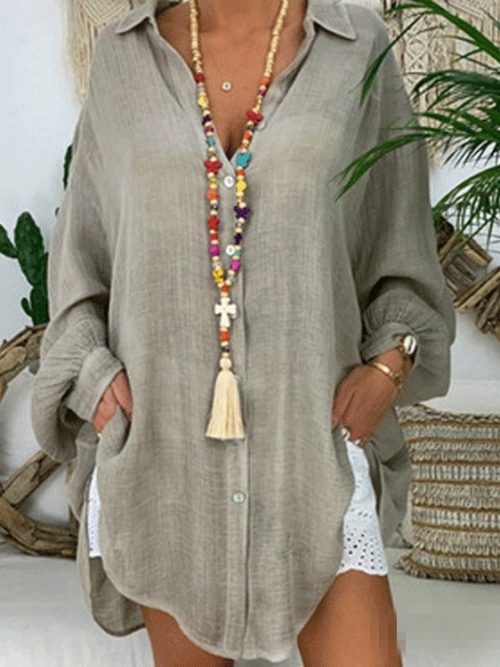 f903f53b759e8beb1a1015e5da7bc901-1 Solid Color Button Long Sleeve Loose Casual Shirt Women's Top