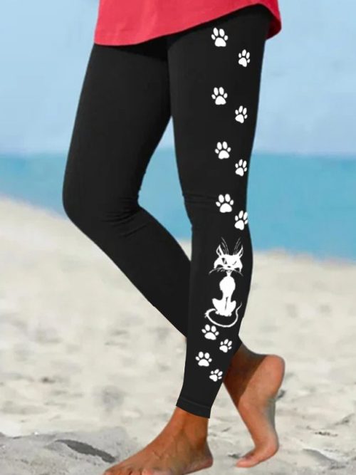 f906eda75ff76adec60240466fe4e480-1 Women's Black Cat Paws Simple Halloween Leggings