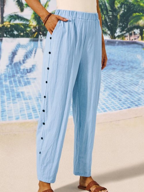 fa99f42b4d36e595d6f6605928819711 Buttoned Linen Loose Plain Pants