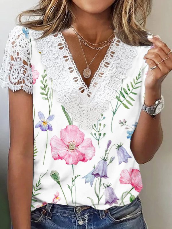 Women's Short Sleeve V Neck Lace Floral Printed Fashion Casual Top