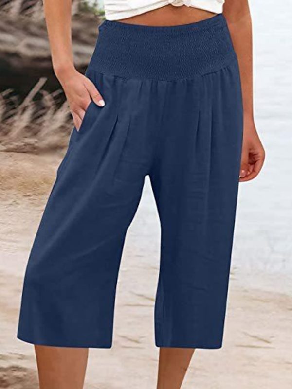 Women's Wide Leg Pants Trousers Capri shorts Cotton And Linen Black White Navy Blue Fashion Casual Daily Side Pockets Baggy Calf-Length Comfort Plain S M L XL 2XL