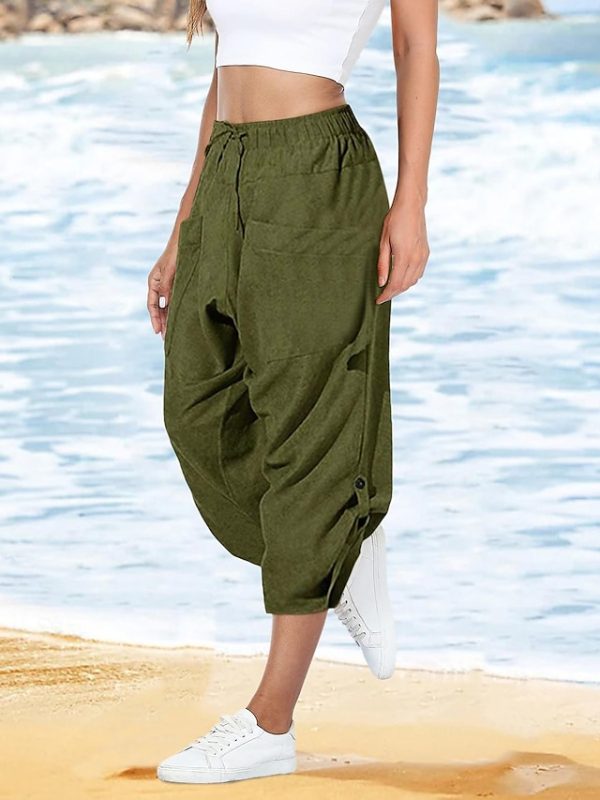 Women's Pants Trousers Cotton Black Yellow Army Green Casual Holiday Weekend Pocket Calf-Length Comfort Plain S M L XL 2XL