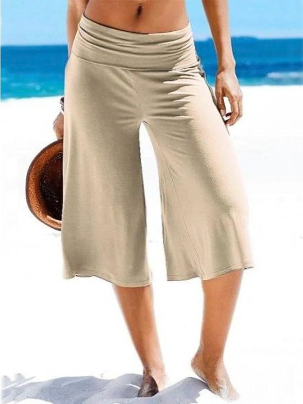 Women's Wide Leg Pants Trousers Cropped Pants Khaki High Waist Fashion Basic Vacation Beach Weekend Wide Leg Micro-elastic Calf-Length Comfort Plain S M L XL 2XL