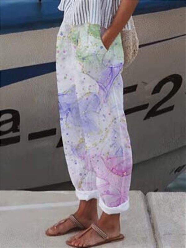 hzqrho1683787612288-1 Women's Wide Leg Pants Trousers Faux Linen White Light Green Pink Casual Holiday Weekend Side Pockets Full Length Comfort Floral S M L XL XXL