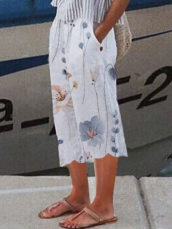 jxmfvh1683006707708-1 Women's Wide Leg Pants Trousers Faux Linen White Fashion Holiday Weekend Side Pockets Wide Leg Calf-Length Comfort Floral S M L XL 2XL