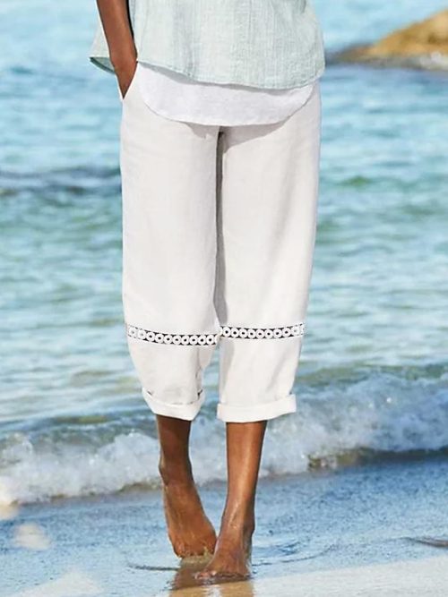 lrtzqb1682485568033-1 Women's Linen Pants Capri shorts Faux Linen White Casual Holiday Weekend Side Pockets Cut Out Calf-Length Comfort Solid Colored S M L XL XXL