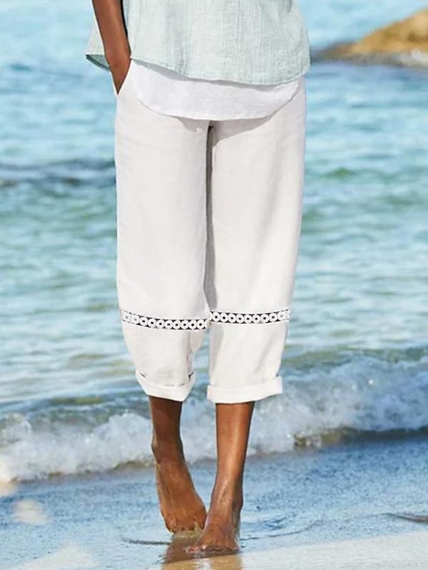 Women's Linen Pants Capri shorts Faux Linen White Casual Holiday Weekend Side Pockets Cut Out Calf-Length Comfort Solid Colored S M L XL XXL