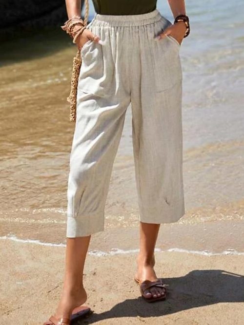 lwjmcu1683006699645-1 Women's Pants Trousers Faux Linen Khaki Fashion Casual Weekend Side Pockets Wide Leg Calf-Length Comfort Plain S M L XL 2XL