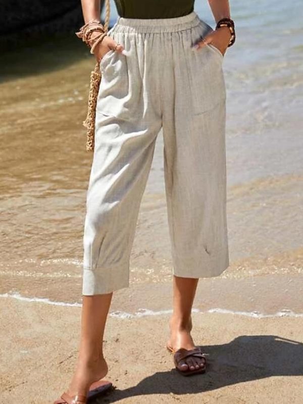 lwjmcu1683006699645-1 Women's Pants Trousers Faux Linen Khaki Fashion Casual Weekend Side Pockets Wide Leg Calf-Length Comfort Plain S M L XL 2XL