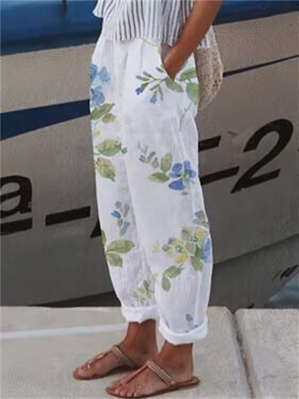 mcpdwy1683787613927-1 Women's Wide Leg Pants Trousers Faux Linen White Light Green Pink Casual Holiday Weekend Side Pockets Full Length Comfort Floral S M L XL XXL