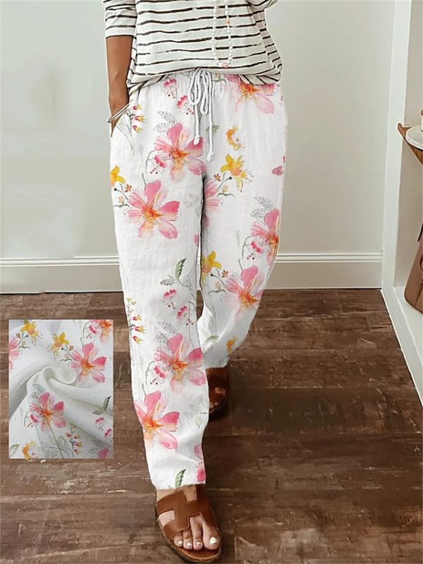 mqjeao1683006700116-1 Women's Wide Leg Pants Trousers Faux Linen White Fashion Casual Office Daily Holiday Side Pockets Print Full Length Comfort Floral S M L XL XXL