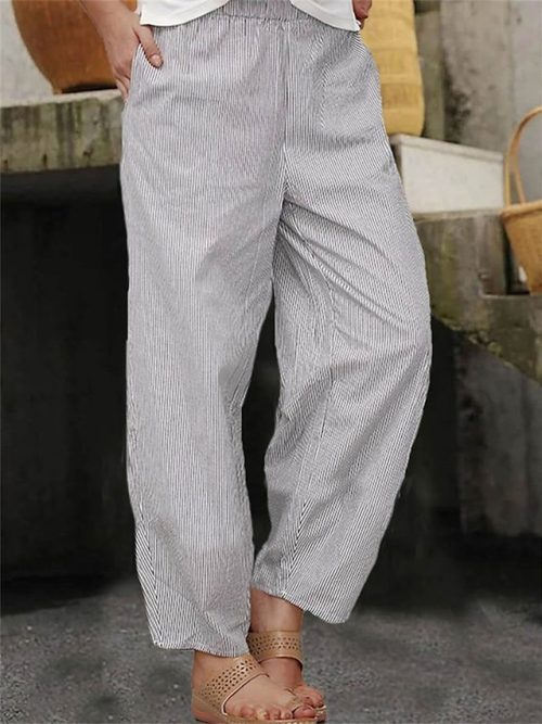 oruyhz1683787812485-1 Women's Pants Trousers Faux Linen Gray Fashion Casual Daily Side Pockets Full Length Comfort Striped S M L XL XXL