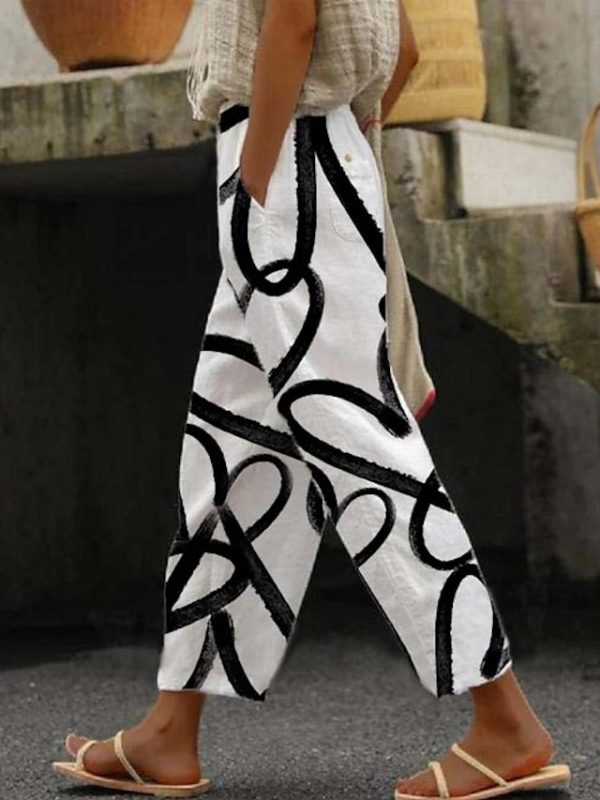 Women's Pants Trousers Faux Linen Black White Dark Gray Fashion Casual Weekend Side Pockets Full Length Comfort Polka Dot S M L XL XXL