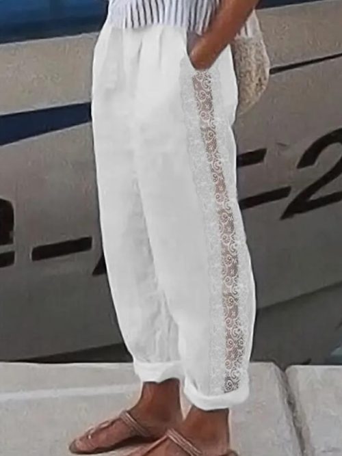 qgyioi1683614208296-1 Women's Wide Leg Linen Pants Pants Trousers Faux Linen White Fashion Casual Weekend Lace Side Pockets Full Length Comfort Plain S M L XL 2XL