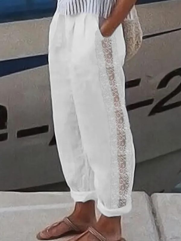 Women's Wide Leg Linen Pants Pants Trousers Faux Linen White Fashion Casual Weekend Lace Side Pockets Full Length Comfort Plain S M L XL 2XL