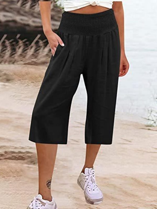 Women's Wide Leg Pants Trousers Capri shorts Cotton And Linen Black White Navy Blue Fashion Casual Daily Side Pockets Baggy Calf-Length Comfort Plain S M L XL 2XL