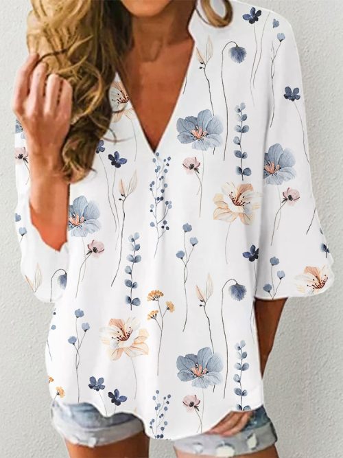 Youthful Floral Print 3/4 Sleeve Top