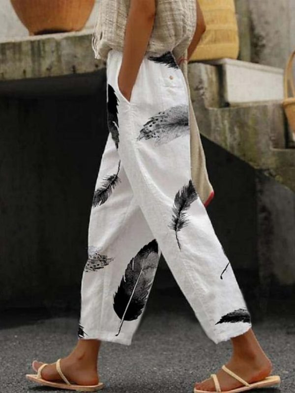 Women's Pants Trousers Faux Linen Black White Dark Gray Fashion Casual Weekend Side Pockets Full Length Comfort Polka Dot S M L XL XXL