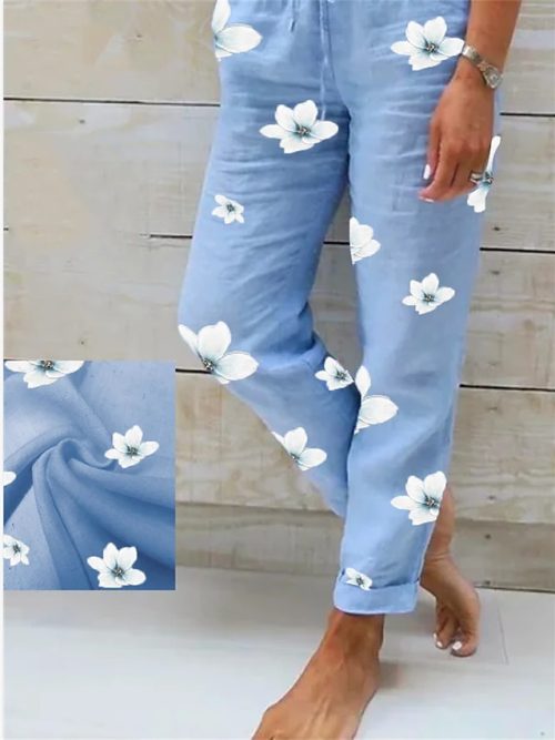 uammrx1683006703265-1 Women's Pants Trousers Faux Linen Blue Fashion Holiday Weekend Side Pockets Full Length Comfort Floral S M L XL XXL