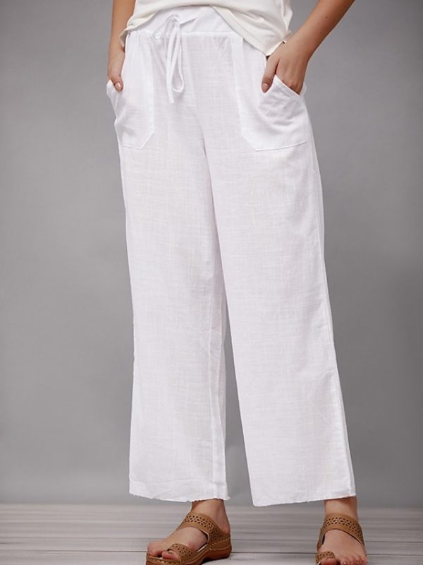 Women's Wide Leg Pants Trousers Faux Linen White Fashion Casual Weekend Side Pockets Full Length Comfort Plain S M L XL 2XL