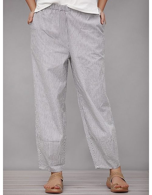 Women's Wide Leg Pants Trousers Faux Linen Black Fashion Basic Office Daily Vacation Side Pockets Print Full Length Comfort Striped S M L XL XXL