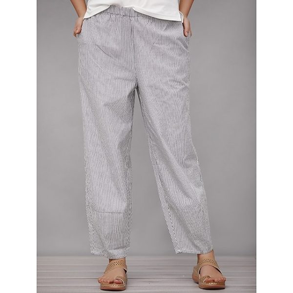 ueijvz1683181893326-1 Women's Wide Leg Pants Trousers Faux Linen Black Fashion Basic Office Daily Vacation Side Pockets Print Full Length Comfort Striped S M L XL XXL