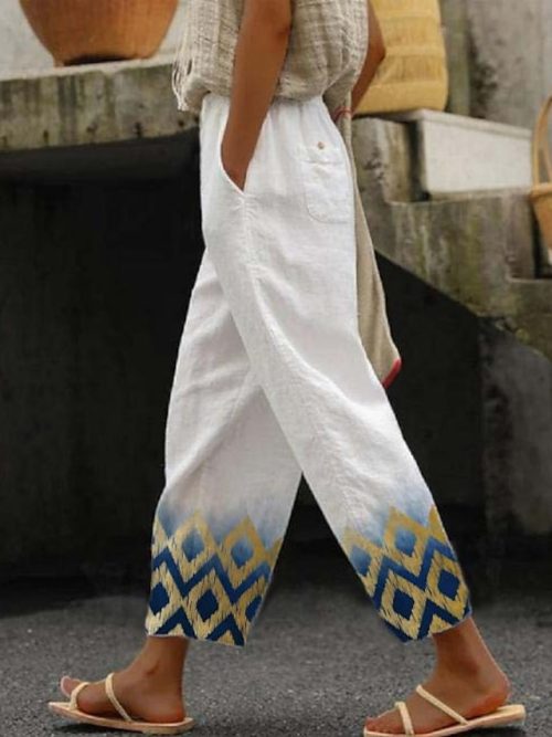 unapiw1683879238105-1 Women's Pants Trousers Faux Linen Golden Blue Fashion Casual Weekend Side Pockets Full Length Comfort Geometric S M L XL XXL