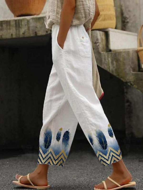 Women's Pants Trousers Faux Linen Golden Blue Fashion Casual Weekend Side Pockets Full Length Comfort Geometric S M L XL XXL
