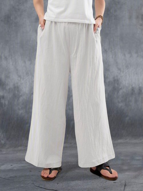 Women's Wide Leg Pants Trousers Faux Linen White Pink Blue Fashion Casual Weekend Side Pockets Wide Leg Full Length Comfort Plain S M L XL 2XL