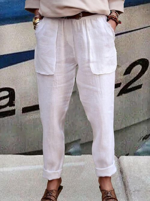 vztuja1683006696105-1 Women's Pants Trousers Straight Faux Linen White Fashion Basic Daily Vacation Side Pockets High Cut Calf-Length Comfort Plain S M L XL 2XL