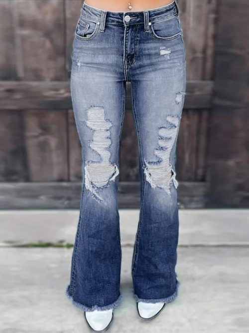 wpdrjr1683192333446-1 Women's Jeans Flared Pants Distressed Jeans Denim Blue Fashion Basic Office Vacation Side Pockets Micro-elastic Full Length Comfort Plain S M L XL