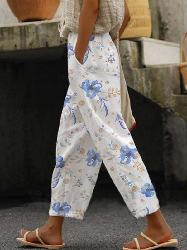 Women's Pants Trousers Faux Linen Blue Green Light Blue Casual Holiday Weekend Side Pockets Full Length Comfort Leaf S M L XL XXL