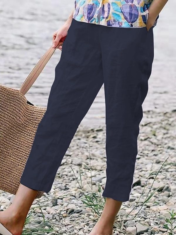 Women's Pants Trousers Faux Linen Black White Army Green Fashion Casual Daily Side Pockets Ankle-Length Comfort Plain S M L XL 2XL