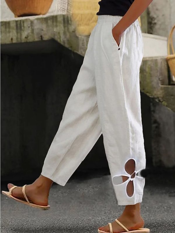Women's Pants Trousers Faux Linen White Yellow Blue Fashion Casual Weekend Side Pockets Full Length Comfort Plain S M L XL 2XL