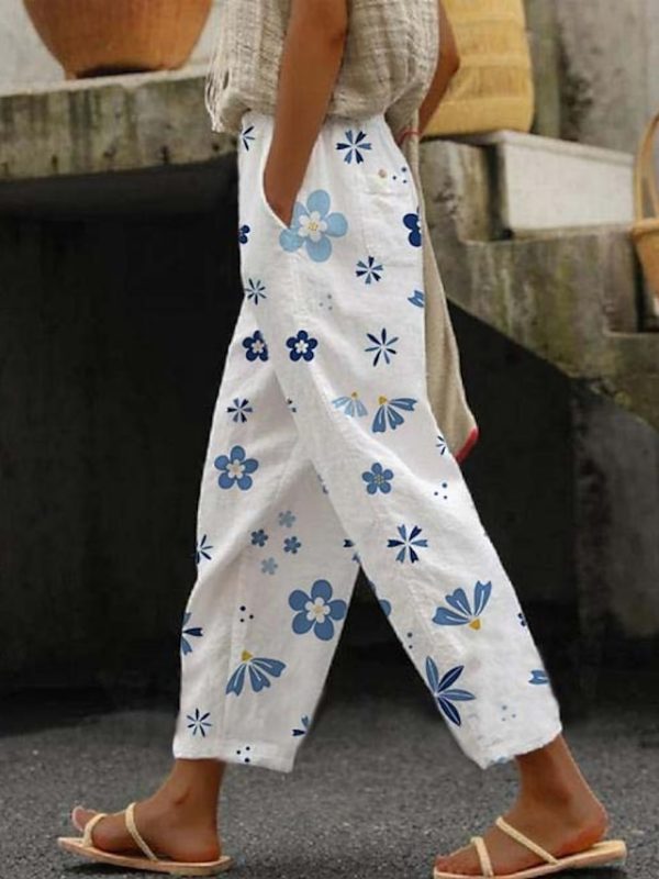 Women's Pants Trousers Faux Linen Blue Green Light Blue Casual Holiday Weekend Side Pockets Full Length Comfort Leaf S M L XL XXL