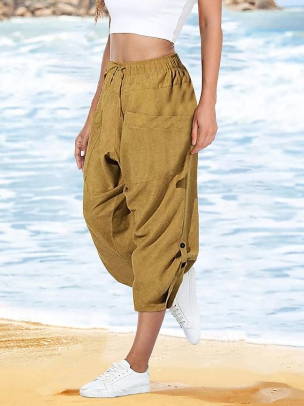 Women's Pants Trousers Cotton Black Yellow Army Green Casual Holiday Weekend Pocket Calf-Length Comfort Plain S M L XL 2XL