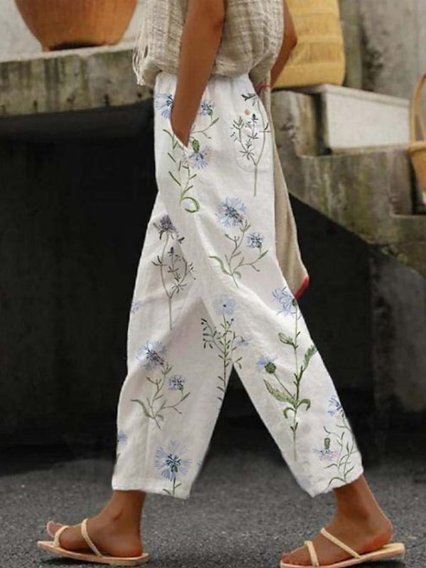 Women's Pants Trousers Faux Linen White Blue Green Casual Holiday Weekend Side Pockets Full Length Comfort Floral S M L XL XXL
