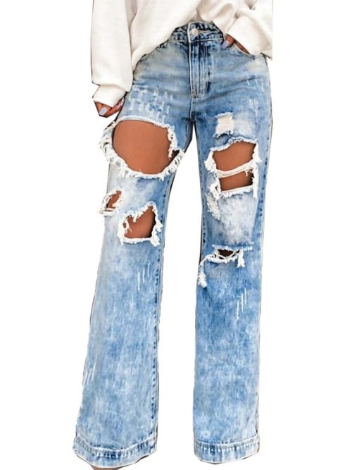 zhtvzk1683192329291-1 Women's Jeans Wide Leg Distressed Jeans Denim Blue Fashion Casual Weekend Wide Leg Cut Out Micro-elastic Full Length Comfort Plain S M L XL